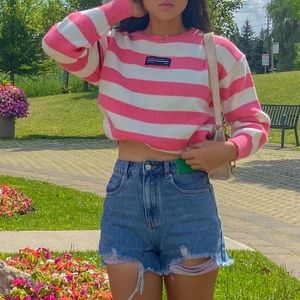 Pink and White Striped Knit Sweater